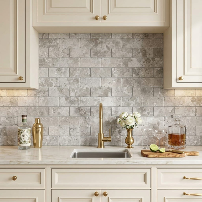 Atlantic Gray Marble 3x6 Tumbled Tile — Wet Bar backsplash
