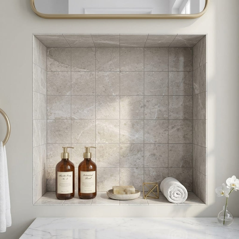 Atlantic Gray Marble 4x4 Polished/Honed Tile — Bathroom niche