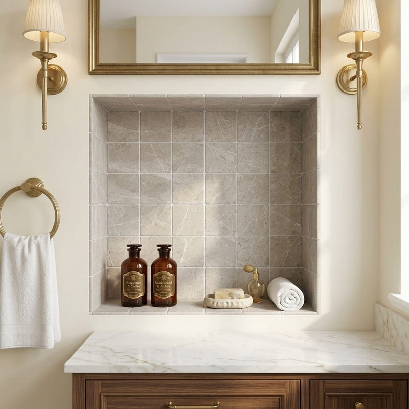 Atlantic Gray Marble 4x4 Tumbled Tile — Bathroom niche