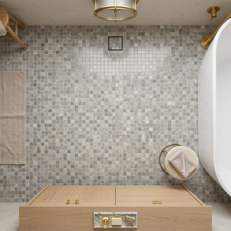 Atlantic Gray Marble 5/8x5/8 Polished/Honed Mosaic — Bathroom floor