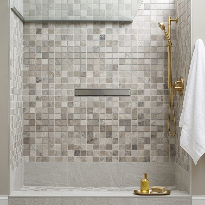 Atlantic Gray Marble 5/8x5/8 Polished/Honed Mosaic — Bathroom shower floor