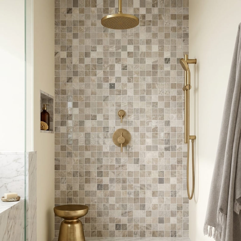 Atlantic Gray Marble 5/8x5/8 Polished/Honed Mosaic — Bathroom shower wall