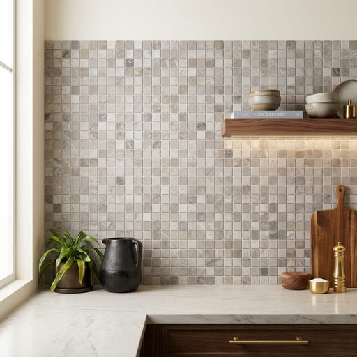 Atlantic Gray Marble 5/8x5/8 Polished/Honed Mosaic — Kitchen backsplash