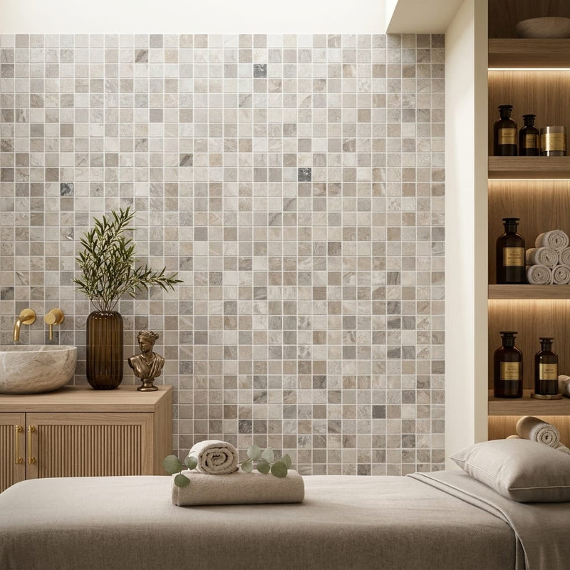 Atlantic Gray Marble 5/8x5/8 Polished/Honed Mosaic — Spa spa interior