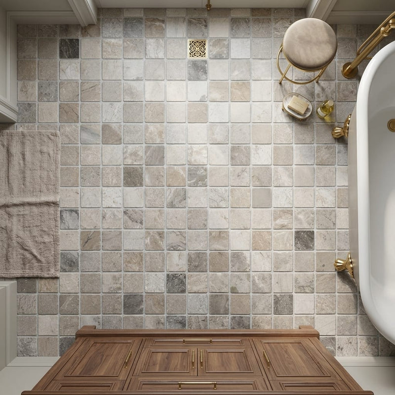Atlantic Gray Marble 5/8x5/8 Tumbled Mosaic — Bathroom floor