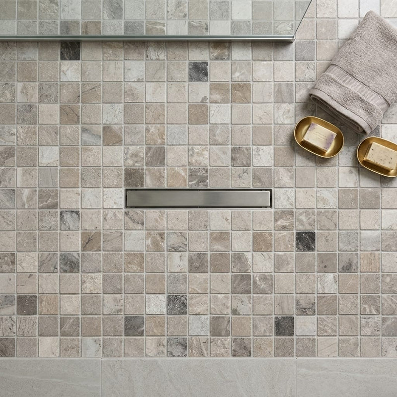 Atlantic Gray Marble 5/8x5/8 Tumbled Mosaic — Bathroom shower floor