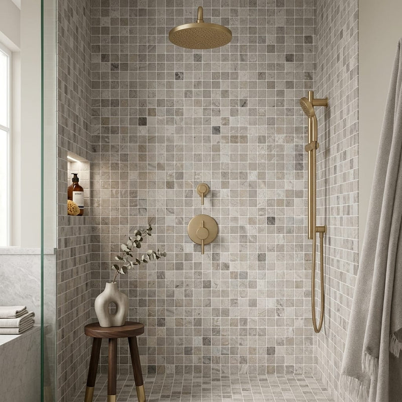 Atlantic Gray Marble 5/8x5/8 Tumbled Mosaic — Bathroom shower wall