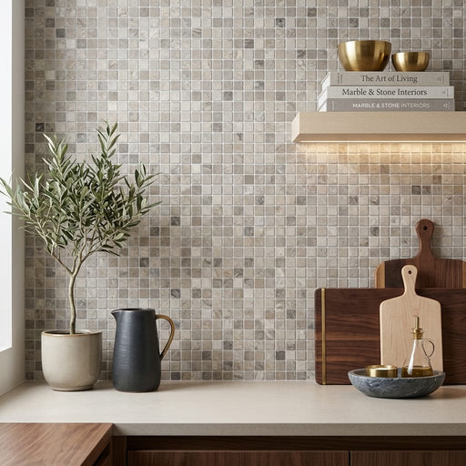 Atlantic Gray Marble 5/8x5/8 Tumbled Mosaic — Kitchen backsplash