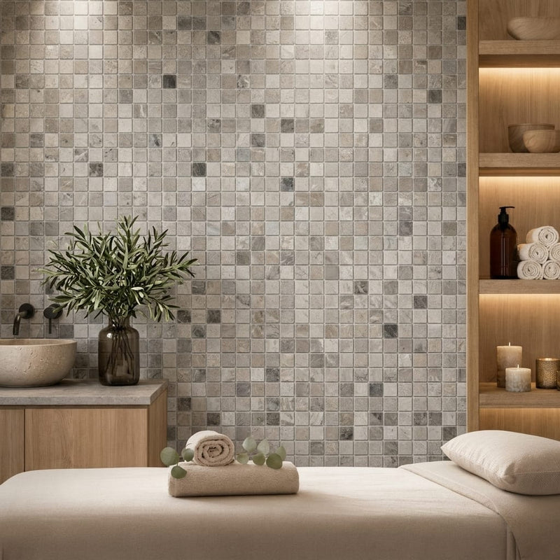 Atlantic Gray Marble 5/8x5/8 Tumbled Mosaic — Spa spa interior