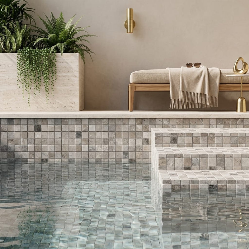 Atlantic Gray Marble 5/8x5/8 Tumbled Mosaic — Swimming Pool pool interior tiling
