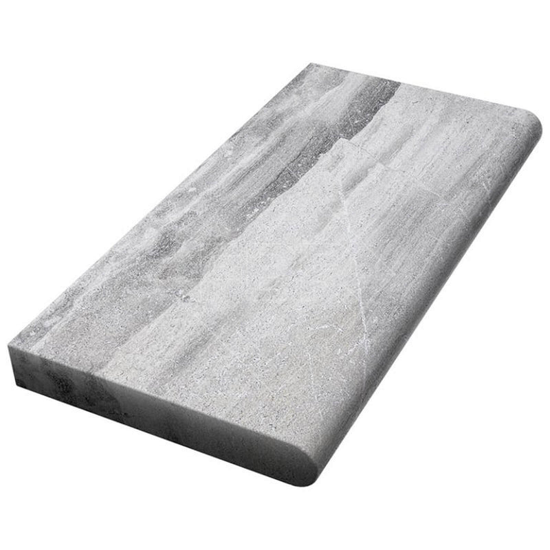 Atlantic Grey marble pool coping with grey veining and a rounded bullnose edge on a white background.