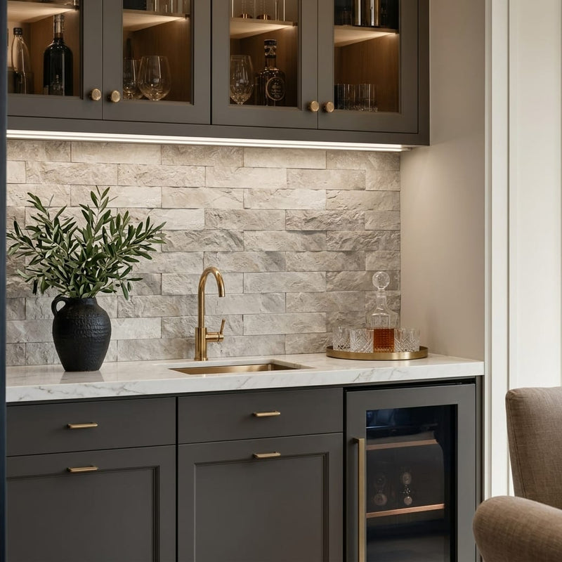 Atlantic Grey 4x16 Split Face Marble Tile — Wet Bar backsplash