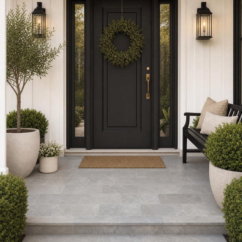 Atlantic Grey 6x12 Sandblasted Marble Paver — Front Yard front porch
