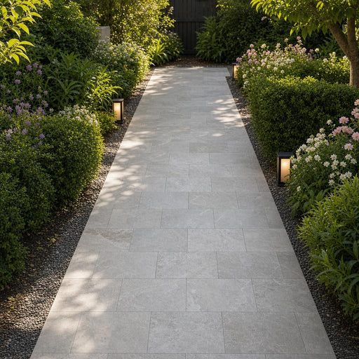 Atlantic Grey 6x12 Sandblasted Marble Paver — Garden path