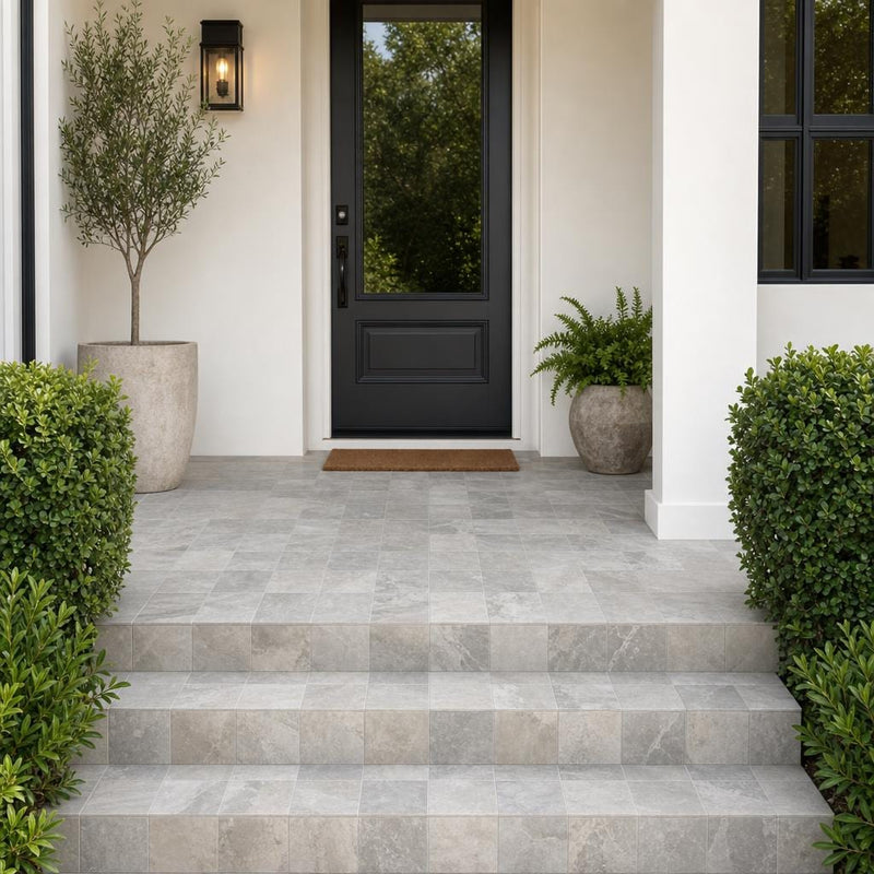 Atlantic Grey 6x6 Sandblasted Marble Paver — Front Yard front porch