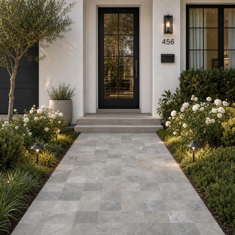 Atlantic Grey 6x6 Sandblasted Marble Paver — Front Yard walkway