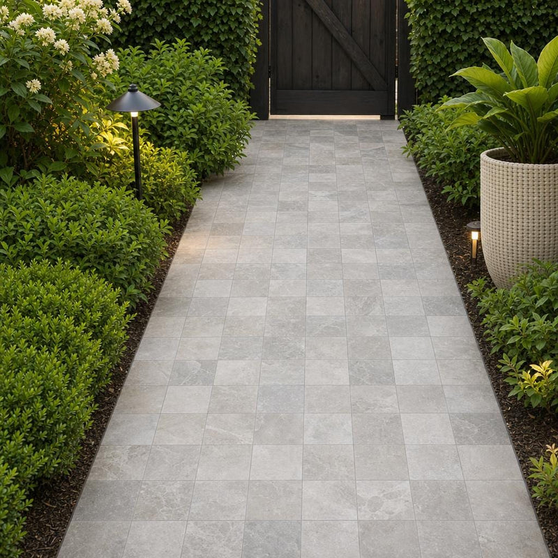 Atlantic Grey 6x6 Sandblasted Marble Paver — Garden path