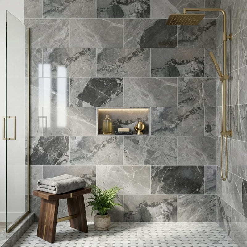 Atlantic Grey Marble Tile 12x24 Polished — Bathroom shower wall