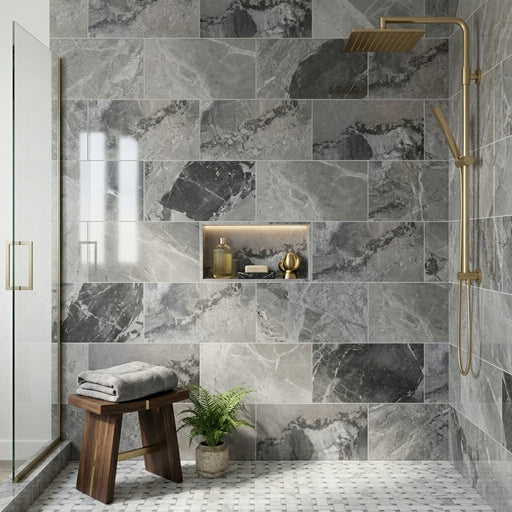 Atlantic Grey Marble Tile 12x24 Polished — Bathroom shower wall