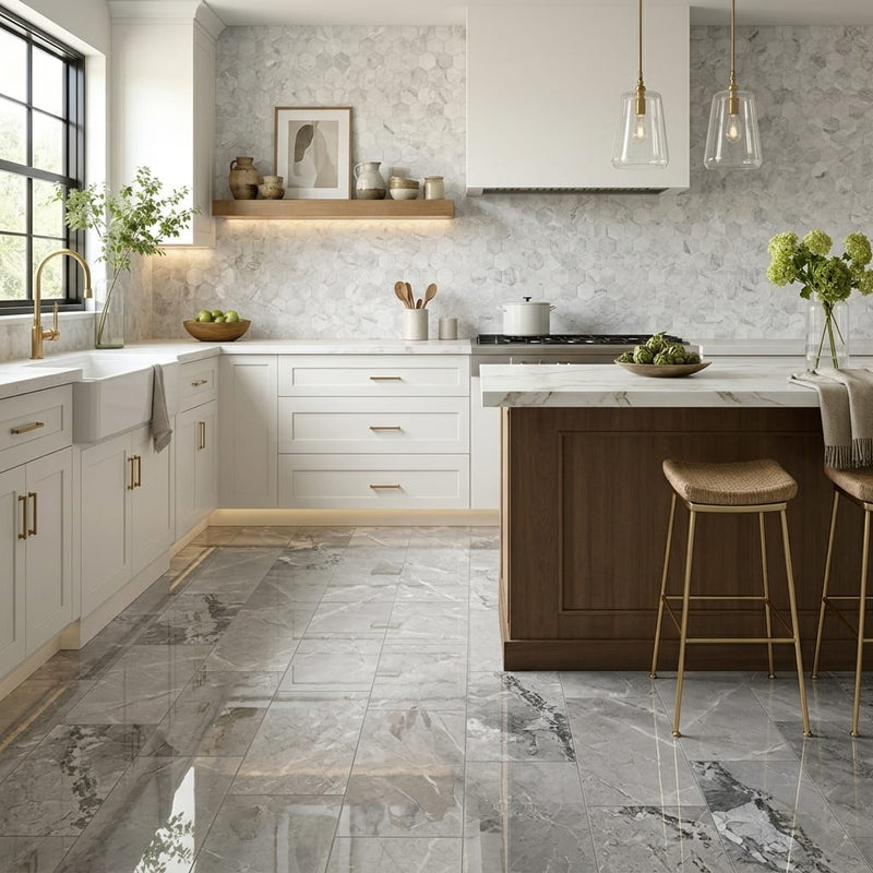 Atlantic Grey Marble Tile 12x24 Polished — Kitchen floor