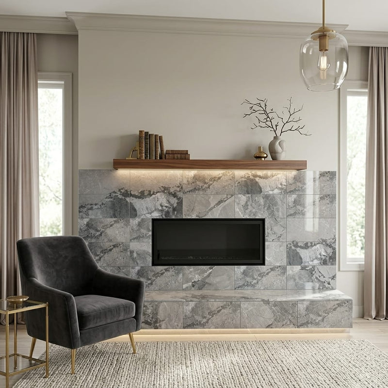 Atlantic Grey Marble Tile 12x24 Polished — Living Room fireplace surround