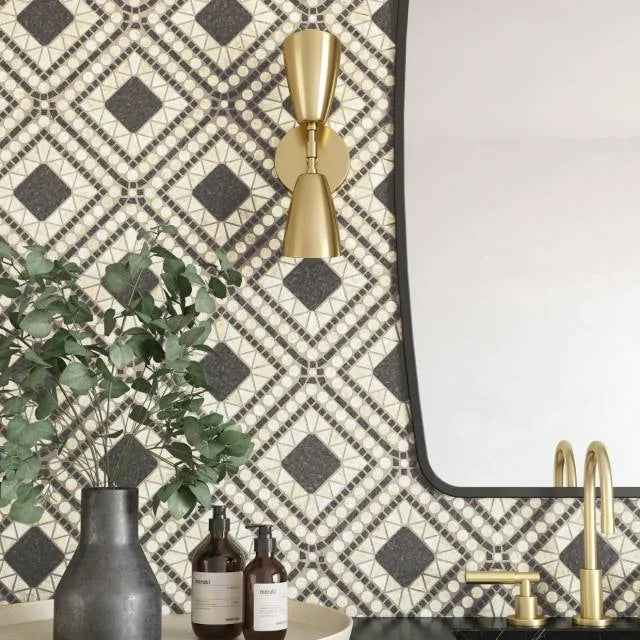 Atrium Myra Beige & Basalt 15.75x15.75 Honed Marble Mosaic