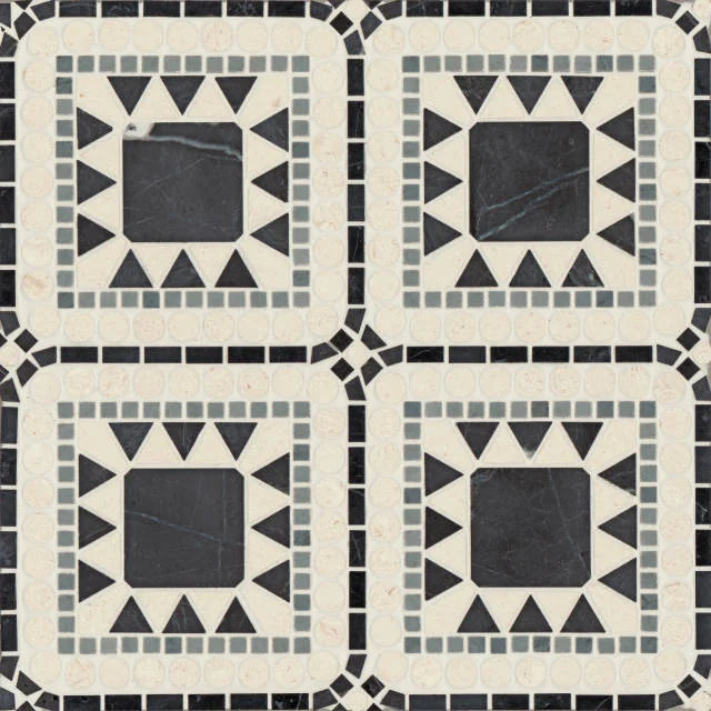 Atrium Nero Marquina, Bardiglio & Myra Beige 15.75x15.75 Honed Marble Mosaic