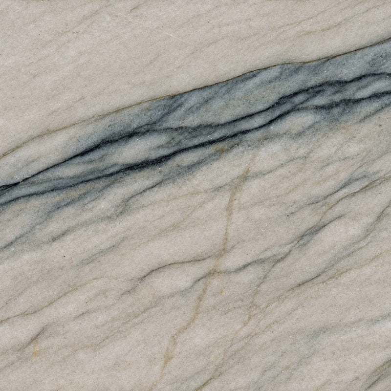 Audacia polished quartzite with a pale beige-gray surface and sweeping blue-gray veins.
