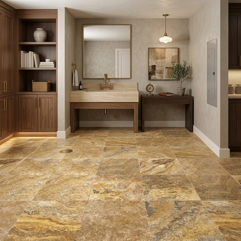 Autumn Leaves Scabos Travertine Filled, Honed & Straight Edge 12 x 12 x 3/8 Cross Cut Tile 12x12 — Basement floor