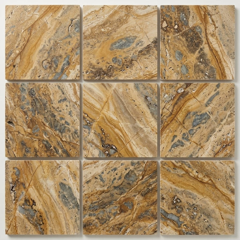 Autumn Leaves Scabos Travertine Filled, Honed & Straight Edge 12 x 12 x 3/8 Cross Cut Tile 12x12 close-up