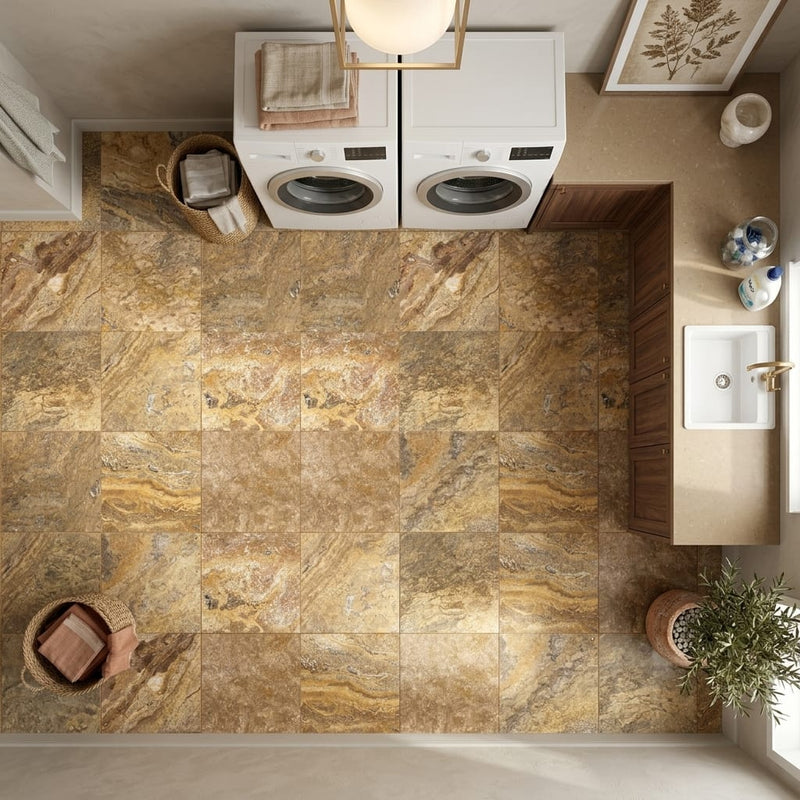 Autumn Leaves Scabos Travertine Filled, Honed & Straight Edge 12 x 12 x 3/8 Cross Cut Tile 12x12 — Laundry Room floor
