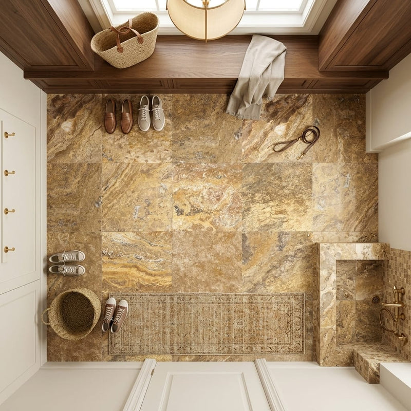 Autumn Leaves Scabos Travertine Filled, Honed & Straight Edge 12 x 12 x 3/8 Cross Cut Tile 12x12 — Mudroom floor