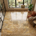 Autumn Leaves Scabos Travertine Filled, Honed & Straight Edge 12 x 12 x 3/8 Cross Cut Tile 12x12 — Sunroom floor