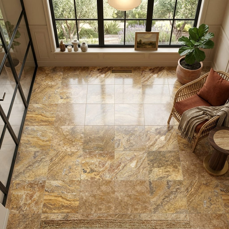 Autumn Leaves Scabos Travertine Filled, Honed & Straight Edge 12 x 12 x 3/8 Cross Cut Tile 12x12 — Sunroom floor