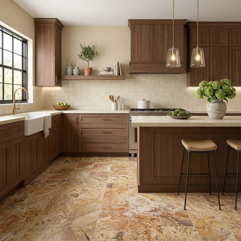 Autumn Leaves Scabos Travertine Filled, Honed & Straight Edge 12 x 24 x 1/2 Cross Cut Tile 12x24 — Kitchen floor