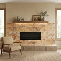 Autumn Leaves Scabos Travertine Filled, Honed & Straight Edge 12 x 24 x 1/2 Cross Cut Tile 12x24 — Living Room fireplace surround