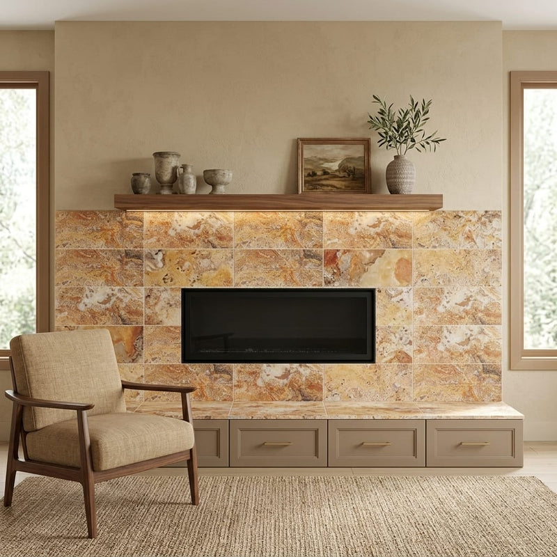Autumn Leaves Scabos Travertine Filled, Honed & Straight Edge 12 x 24 x 1/2 Cross Cut Tile 12x24 — Living Room fireplace surround