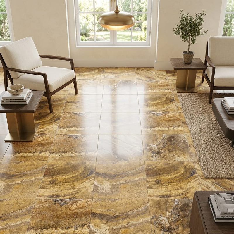 Autumn Leaves Scabos Travertine Filled, Honed & Straight Edge 18 x 18 x 1/2 Cross Cut Tile 18x18 — Family Room floor