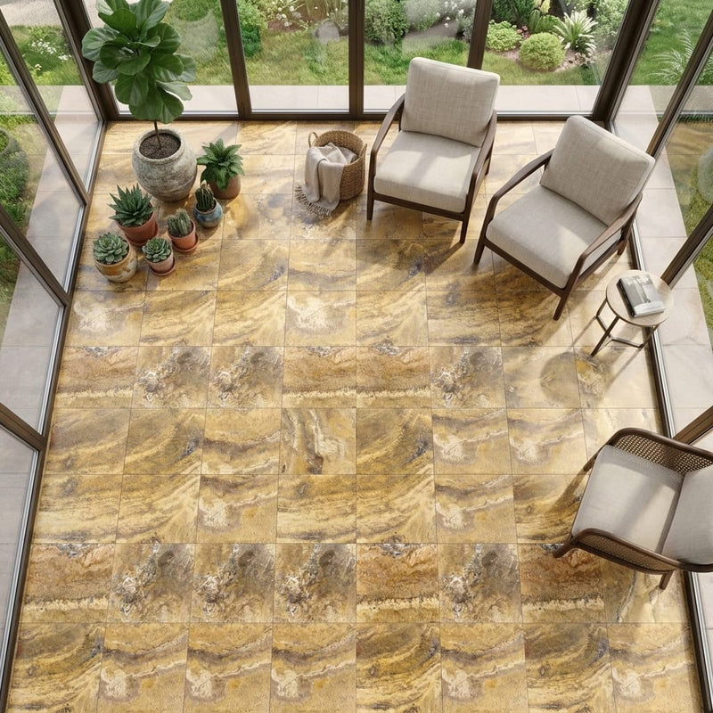 Autumn Leaves Scabos Travertine Filled, Honed & Straight Edge 18 x 18 x 1/2 Cross Cut Tile 18x18 — Sunroom floor