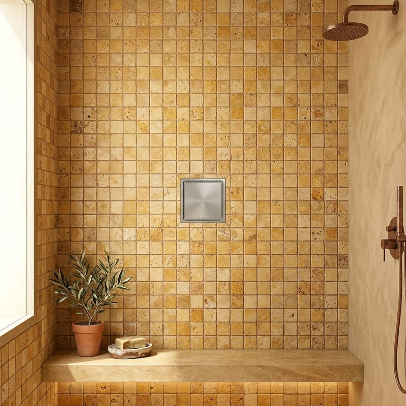 Autumn Leaves Scabos Travertine Tumbled 1 x 1 Mosaic 1x1 — Bathroom shower floor