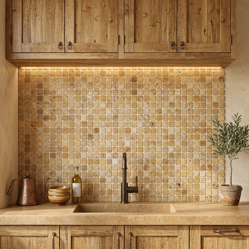 Autumn Leaves Scabos Travertine Tumbled 1 x 1 Mosaic 1x1 — Kitchen backsplash