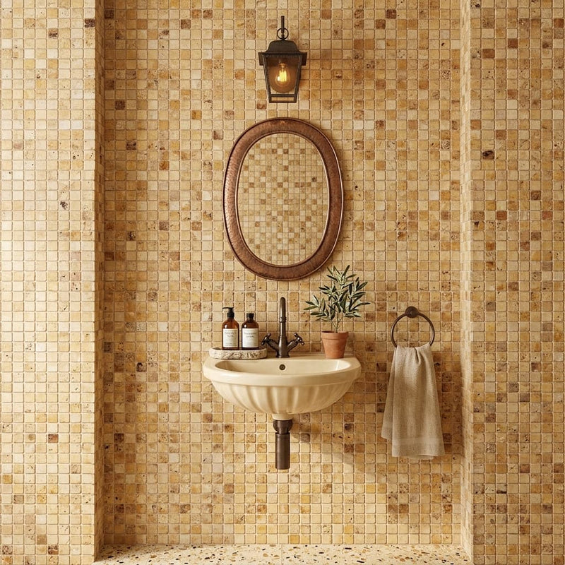 Autumn Leaves Scabos Travertine Tumbled 1 x 1 Mosaic 1x1 — Powder Room wall
