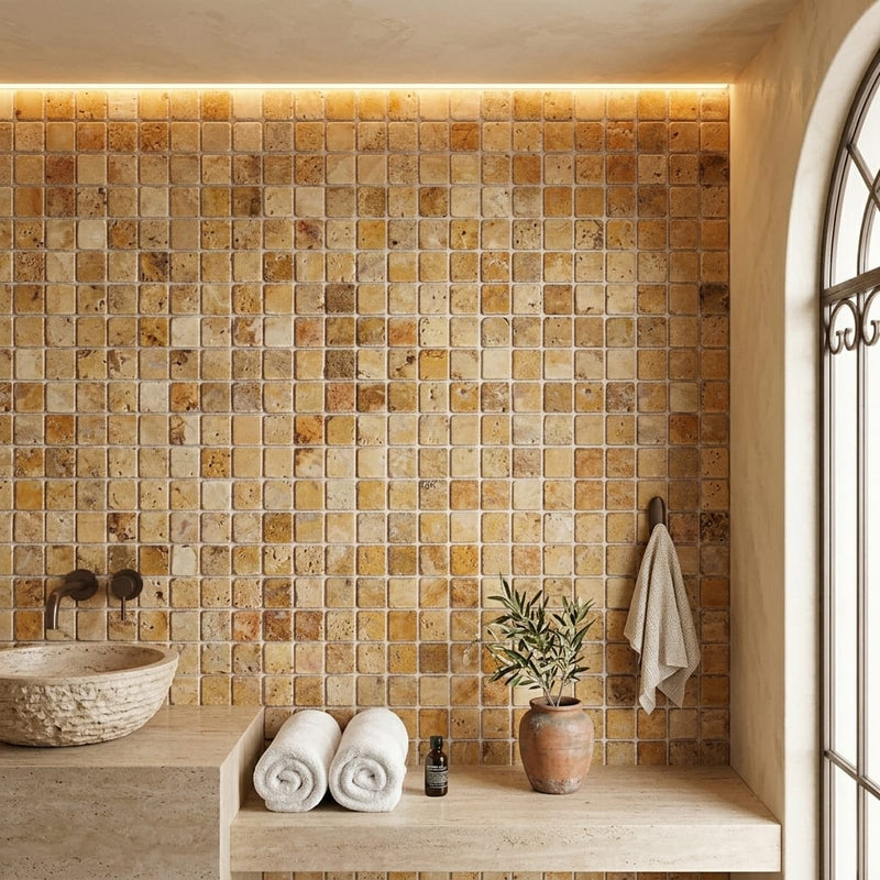 Autumn Leaves Scabos Travertine Tumbled 1 x 1 Mosaic 1x1 — Spa spa interior