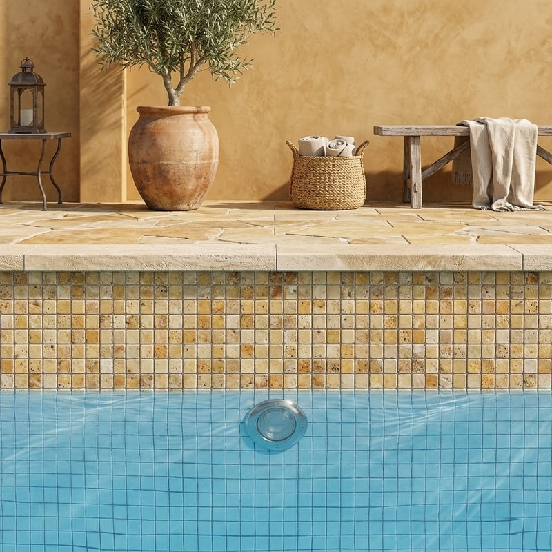 Autumn Leaves Scabos Travertine Tumbled 1 x 1 Mosaic 1x1 — Swimming Pool pool interior tiling