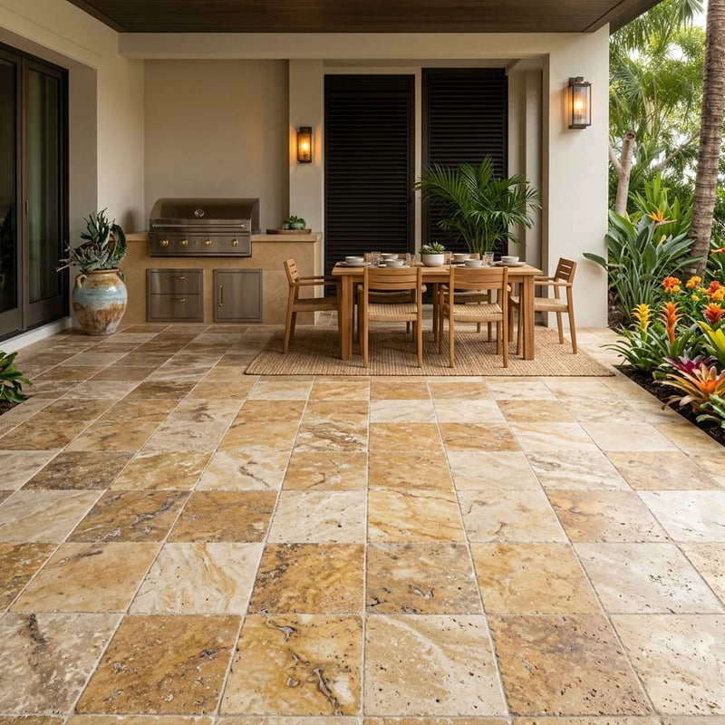Autumn Leaves Scabos Travertine Tumbled 12 x 12 x 1.25 Paver 12x12 — Backyard patio