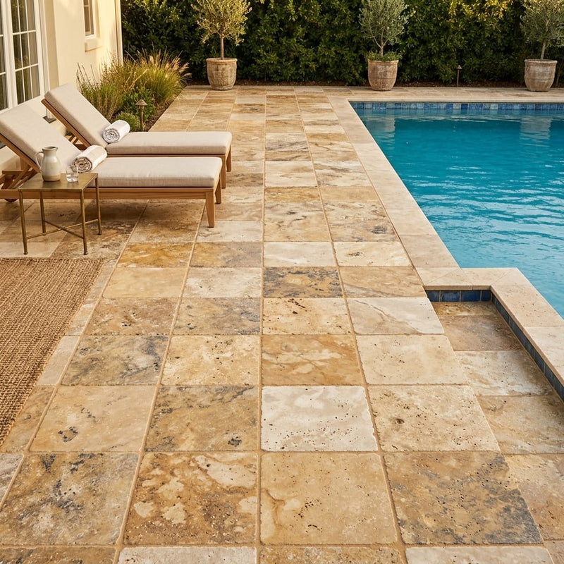 Autumn Leaves Scabos Travertine Tumbled 12 x 12 x 1.25 Paver 12x12 — Backyard pool deck