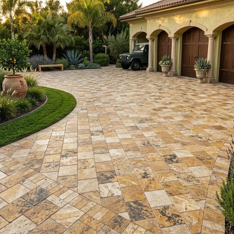 Autumn Leaves Scabos Travertine Tumbled 12 x 12 x 1.25 Paver 12x12 — Front Yard driveway