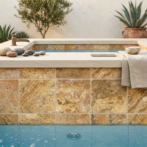 Autumn Leaves Scabos Travertine Tumbled 12 x 12 x 2 Bullnose Coping 12x12 pool coping — Spa spa overhang edge