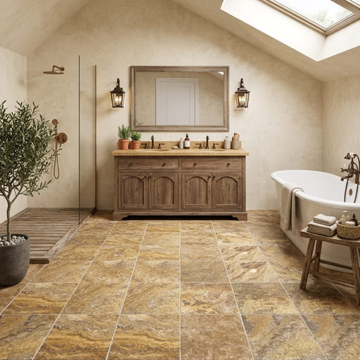 Autumn Leaves Scabos Travertine Tumbled 12 x 12 x 3/8 Cross Cut Tile 12x12 — Bathroom floor