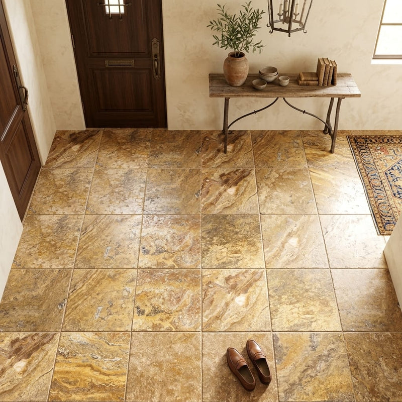 Autumn Leaves Scabos Travertine Tumbled 12 x 12 x 3/8 Cross Cut Tile 12x12 — Foyer floor